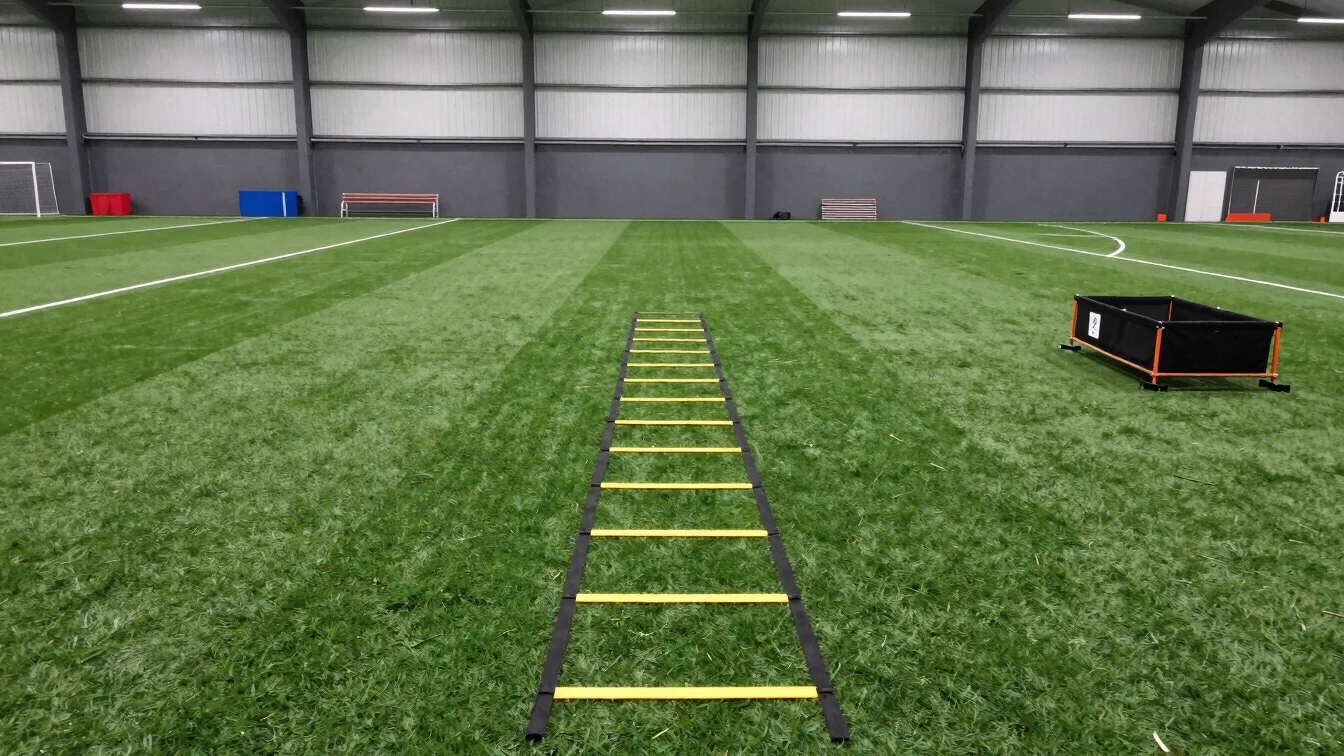 Wide environmental shot of indoor sports turf zone with agility ladders and sled training equipment.