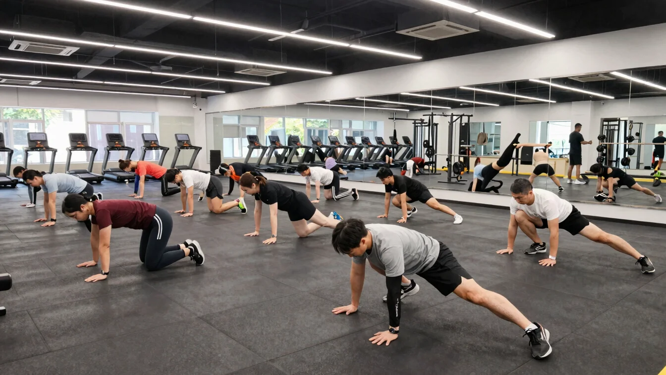 Bright modern indoor gym floor showing members engaged in functional athletic conditioning and movement training.