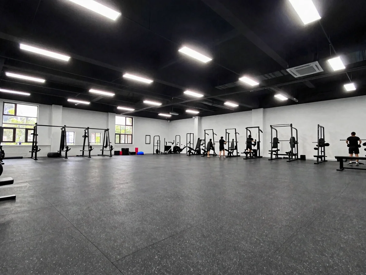 Wide dynamic angle of a modern indoor sports training facility and gym floor with bright lighting