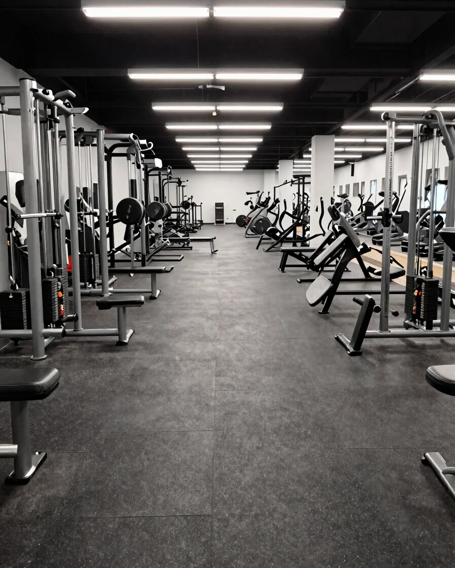 Clean athletic indoor gym floor with rows of strength equipment and bright overhead lighting