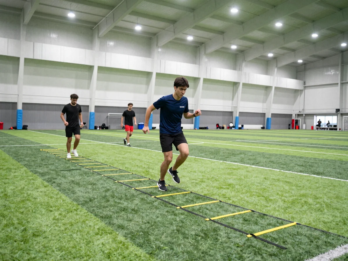 Athletes performing agility ladder drills on indoor green sports turf under bright overhead lighting, wide-angle action