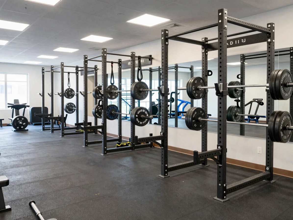 Well-equipped strength training floor with squat racks and bumper plates, crisp bright indoor lighting