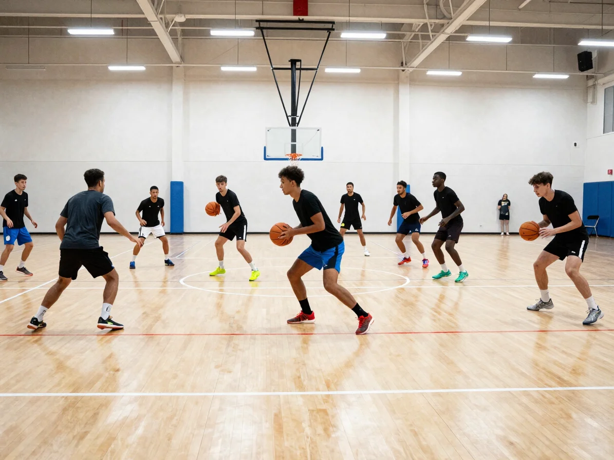 Sports team training together in a spacious indoor athletic facility, dynamic natural movement