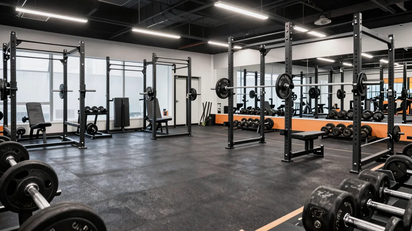 Well-lit strength training floor with professional barbell racks and dumbbell sets under bright indoor lighting