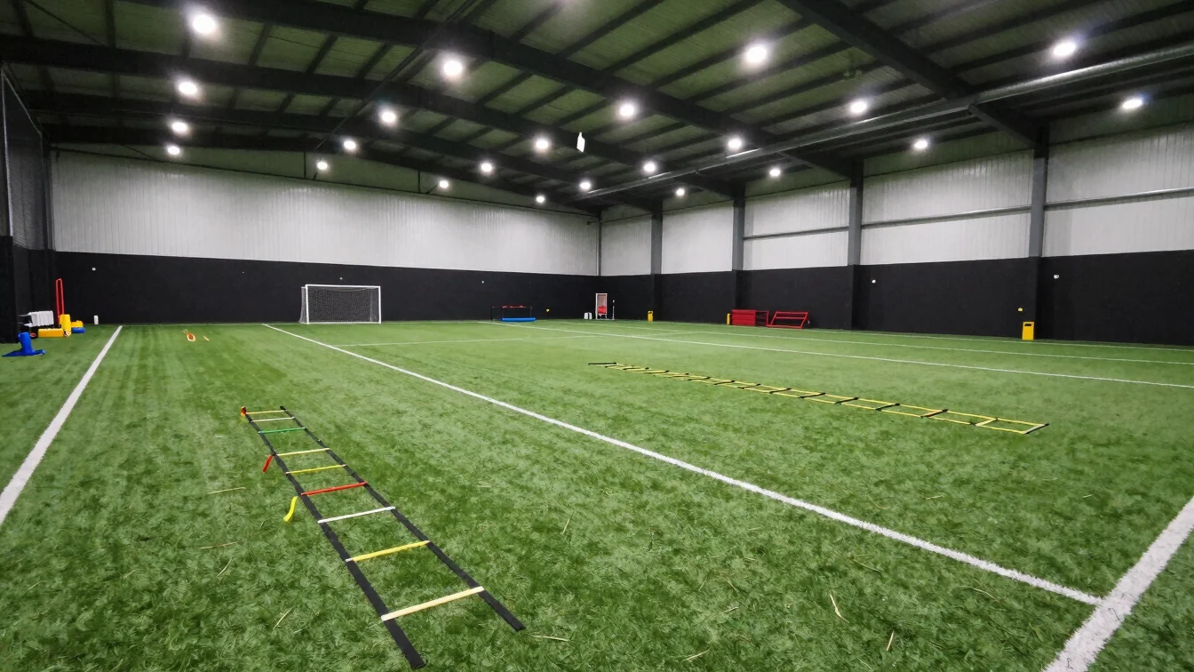 Wide shot of indoor sports turf zone with agility ladders and training equipment under crisp overhead lights
