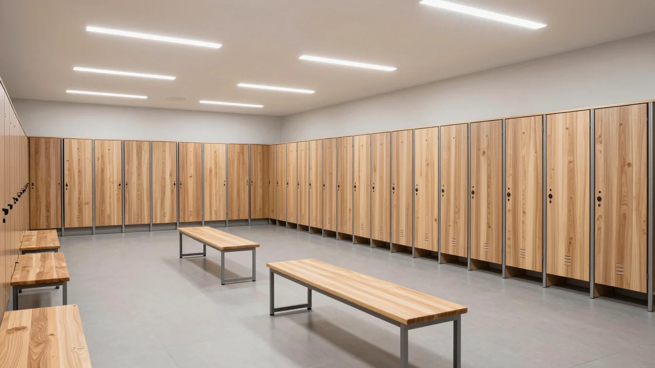 Clean modern locker facility interior with bright linear lighting and minimalist benches