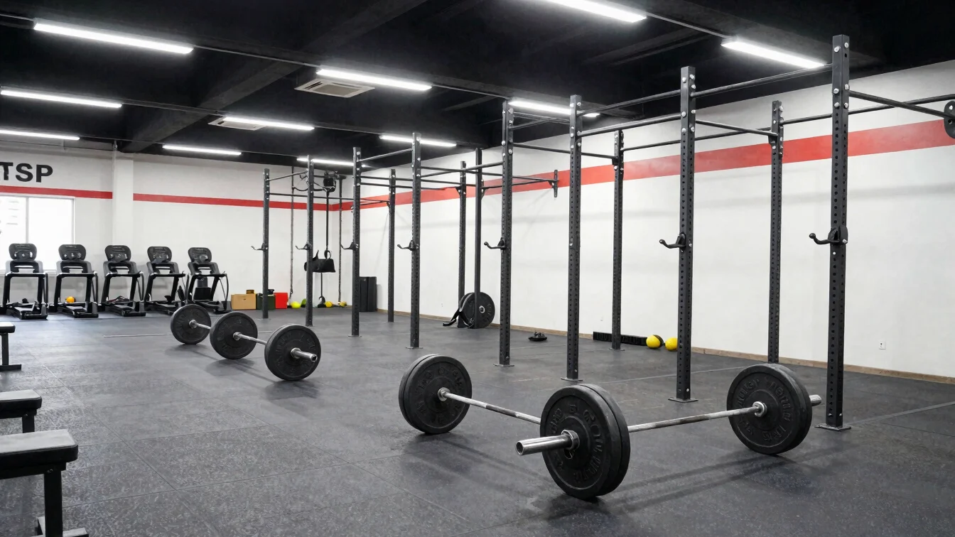 Crisp bright indoor photography of a heavy-duty strength training floor with professional racks and barbells under clean